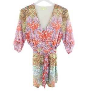 Gianni Bini Romper Botanical Print V-Neck Tie Waist Size S Multicolor